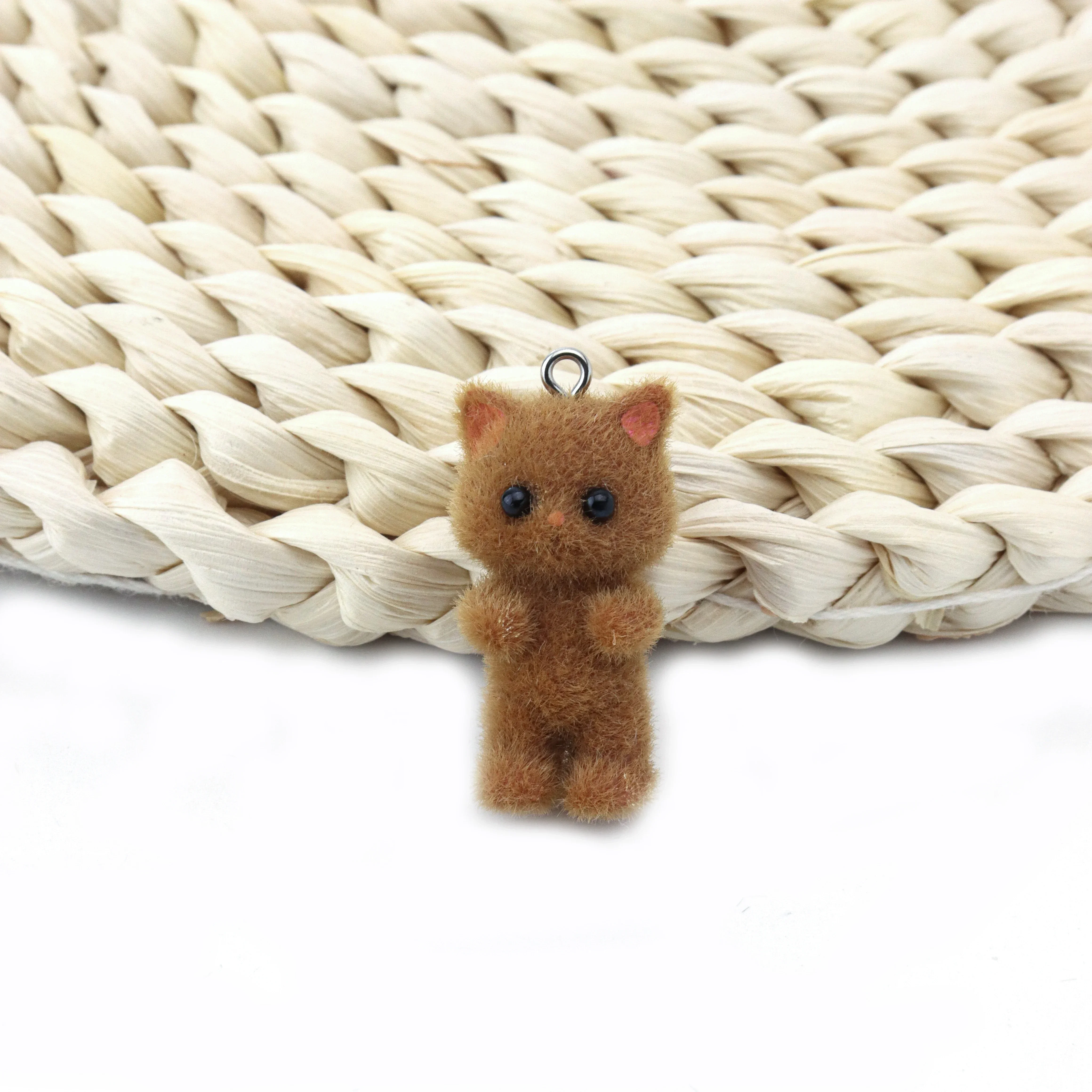 11PCS Cat Pendant Kawaii 3D Fluffy Flocking Animal Cat Charms Miniature Dolls Keychain Necklace Pendant DIY Crafts Jewelry Make