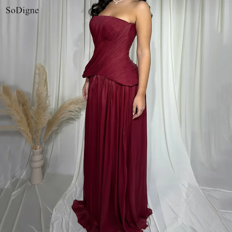 

SoDigne Chic Prom Dresses Sexy Strapless Sleeves Pleats Party Dress Draped Straight Floor-Length Prom Gowns Customized