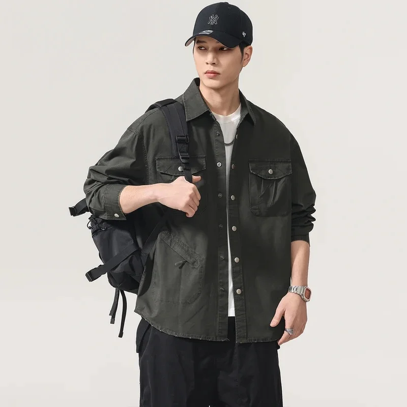 Men's Loose Long Sleeve Casual Fashion Outdoor Oversize Vintage Pure Cotton Cargo Shirt Jacket Cityboy Japanese Streetwear Shirt