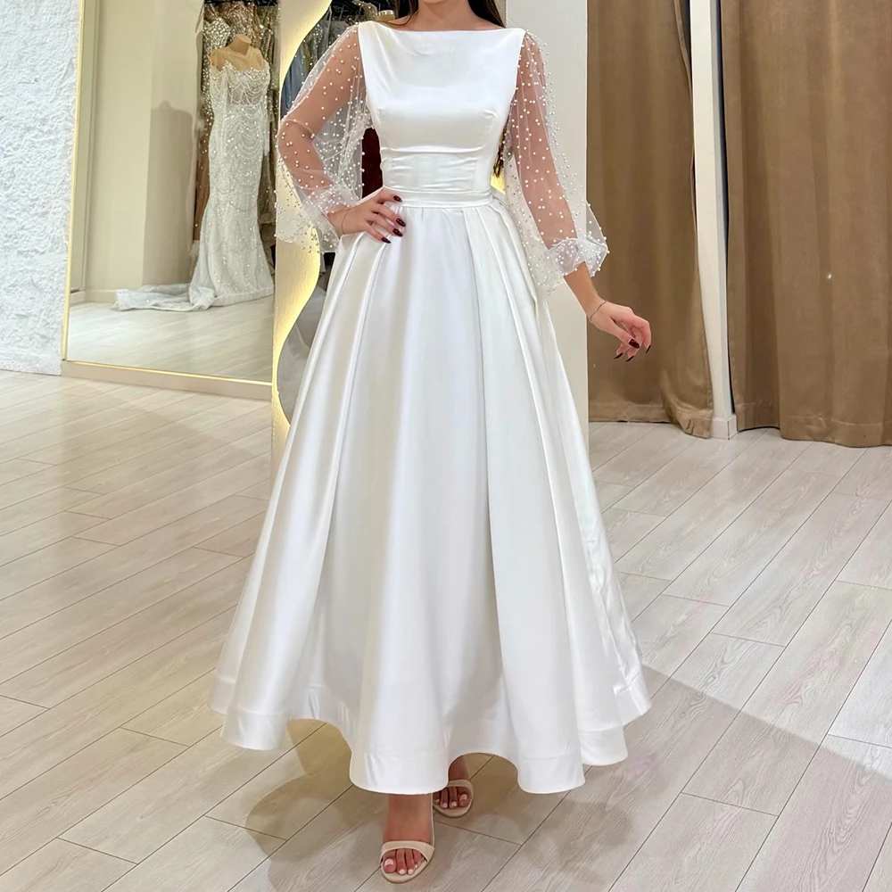 

Customized A-line Evening Dresses Tea-length Boat Neck Full Sleeve Prom Gown Fashion Beading Simple Draped Backless Party Gown