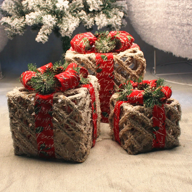 

Christmas decorative gift box wrought iron luminous gift box stacking ornament Christmas tree window scene arrangement gift box