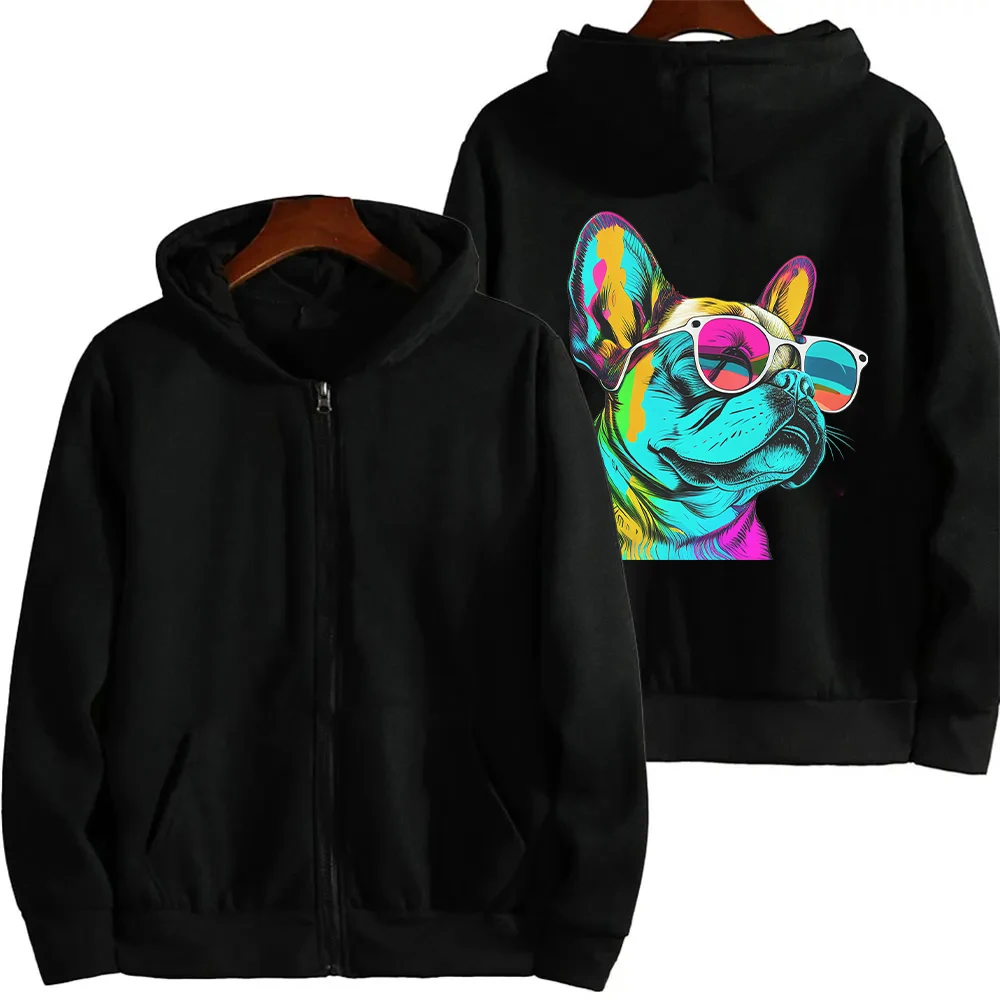 Korean Hooded Sweatshirt for Women Black Zip Up Hoodie Long Sleeve Watercolor Dog Cat Print Fleece Zip Hoodies Sudaderas Mujer