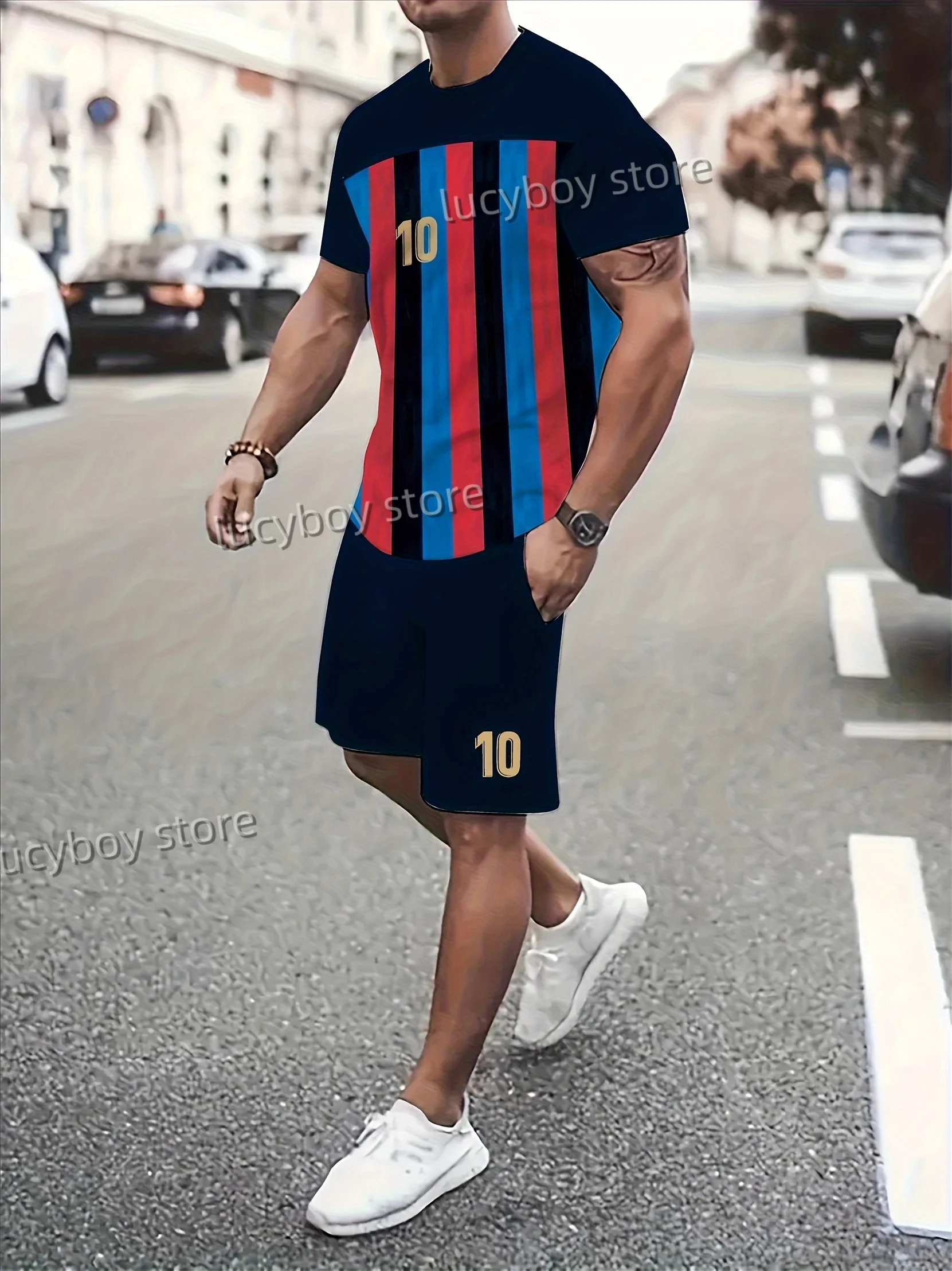 Men Stripe Number 10 Print 2 Piece Set Men T-Shirt Shorts Pants Suit Short Tracksuit Vintage Outfit Sportswear Male Clothing