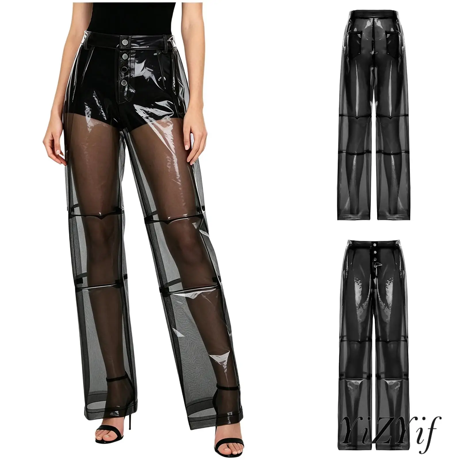 

Fashion Women See Through Pvc Pants Button Waist Back Pockets Wide Leg Straight-leg Trousers Bottoms Dance Party Prom Clubwear