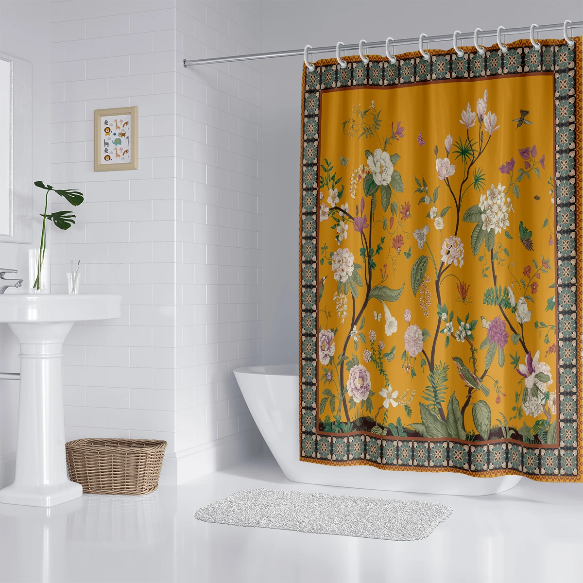 1 piece of 180x180cm yellow retro floral pattern printed shower curtain partition, bathroom waterproof and mildew proof