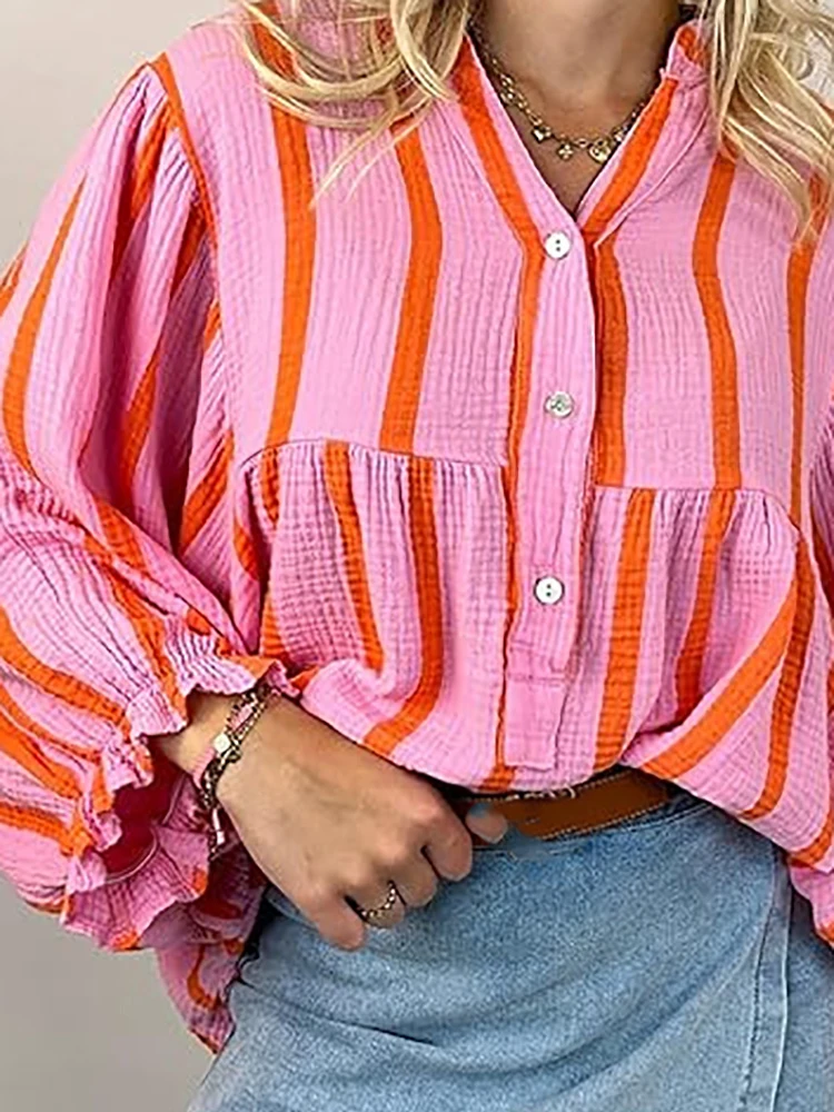 

Casual Streetwear Bohemian Top Blouses Fashion Striped Printed V-neck Pullover Spring Autumn Long Sleeved Loose Commuting Shirt