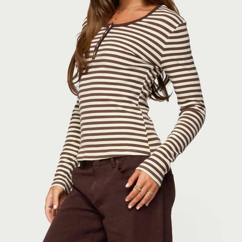Damen-Hemden, lässig, langärmelig, braun-weiß gestreift, T-Shirts mit Knopfleiste vorne, leichte Herbst-Tops, klassische Passform, Henley-Hemden