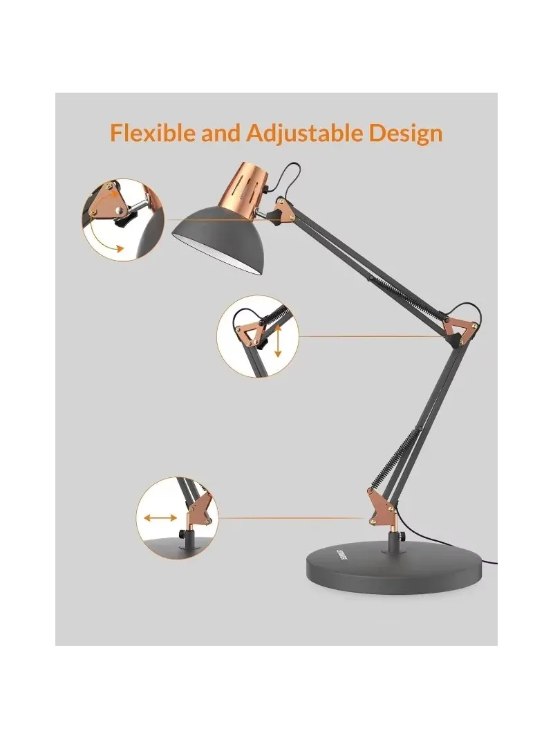 Desk Lamp, Adjustable Goose Neck Architect Table Lamp with On/Off Switch, Swing Arm Desk Lamp with Clamp,Eye-Caring Reading Lamp