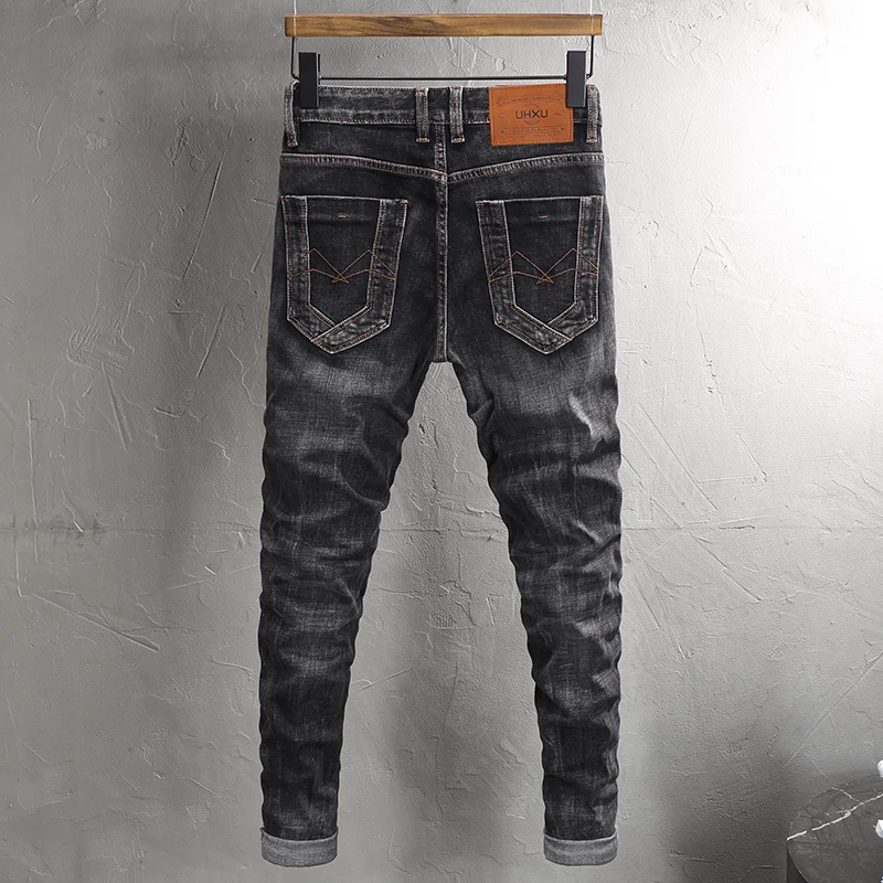 Street Fashion Men's Black Grey Jeans Elastic Retro Slim Fit Split Jeans Emblem Designer Hip Hop Brand Pants