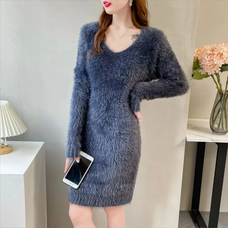 Imitation Mink women\'s Knit Dress Autumn Winter Elasticity Slim Bottoming Sweater Long Sleeve V Neck Office Lady Elegant Dress