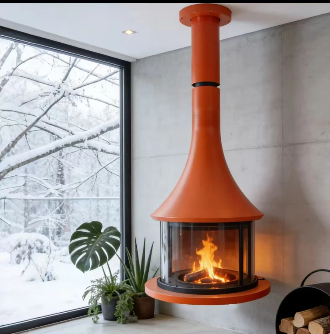 Manufacturer Modern Carbon Steel Hotel Home Indoor Decor Europe Real Fire Hanging Wood Suspended Fireplace