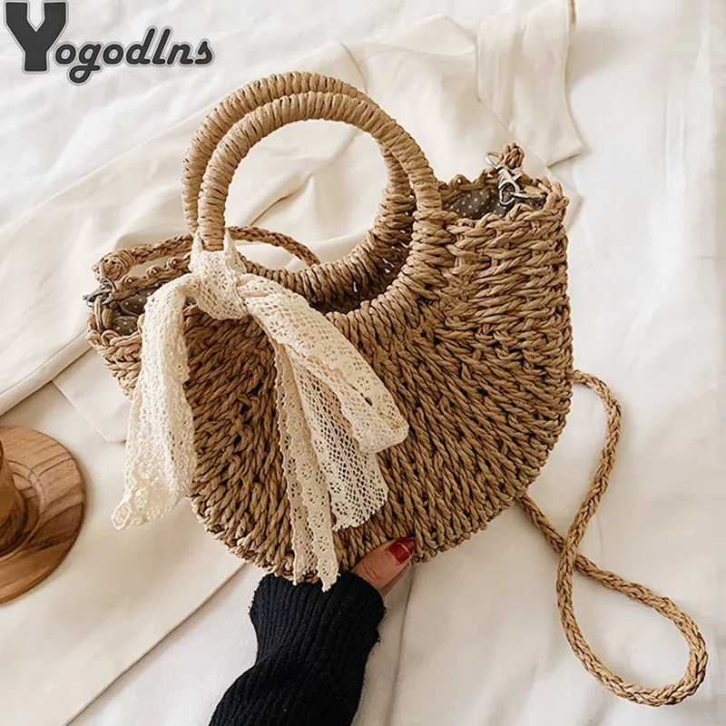 Straw Bag Women Hand-Woven Handbag Moon Shape Lace Bow Rattan Bag Big Capacity Drawstring Casual Beach Shoulder Crossbody Bag