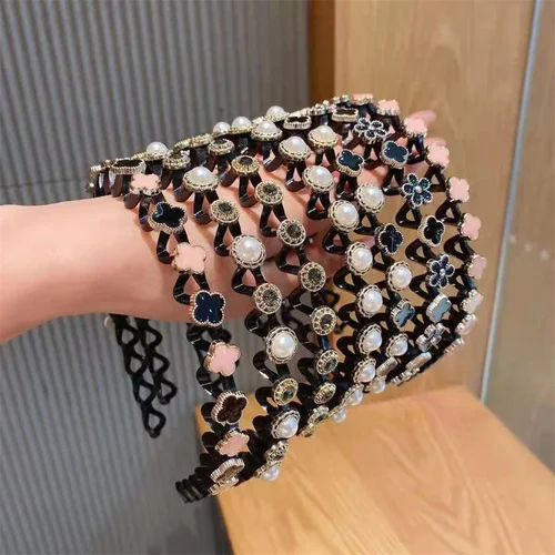 Imagen 2 del producto Aro para el pelo con perlas y diamantes de imitación, antideslizante, negro, ondulado, peine para dientes, bandas para el pelo con flores, herramienta para flequillo para mujeres y niñas