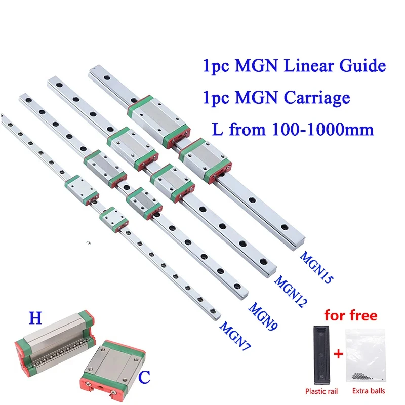 MGN12 MGN7 MGN9 MGN15 L from 100mm to 1000mm Miniature Linear Rail Slide 1pcs MGN Linear Guide+1pcs MGN Carriage 3D Printer Part
