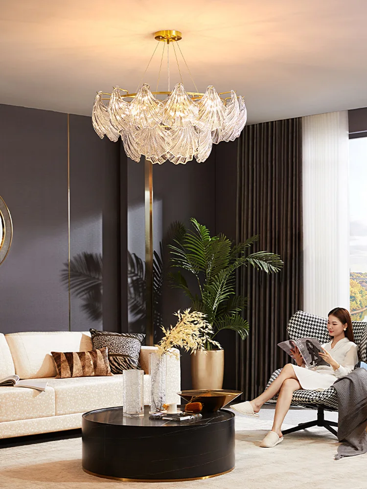 

American, light luxury, all copper, living room, shell, crystal, chandelier, simple, modern