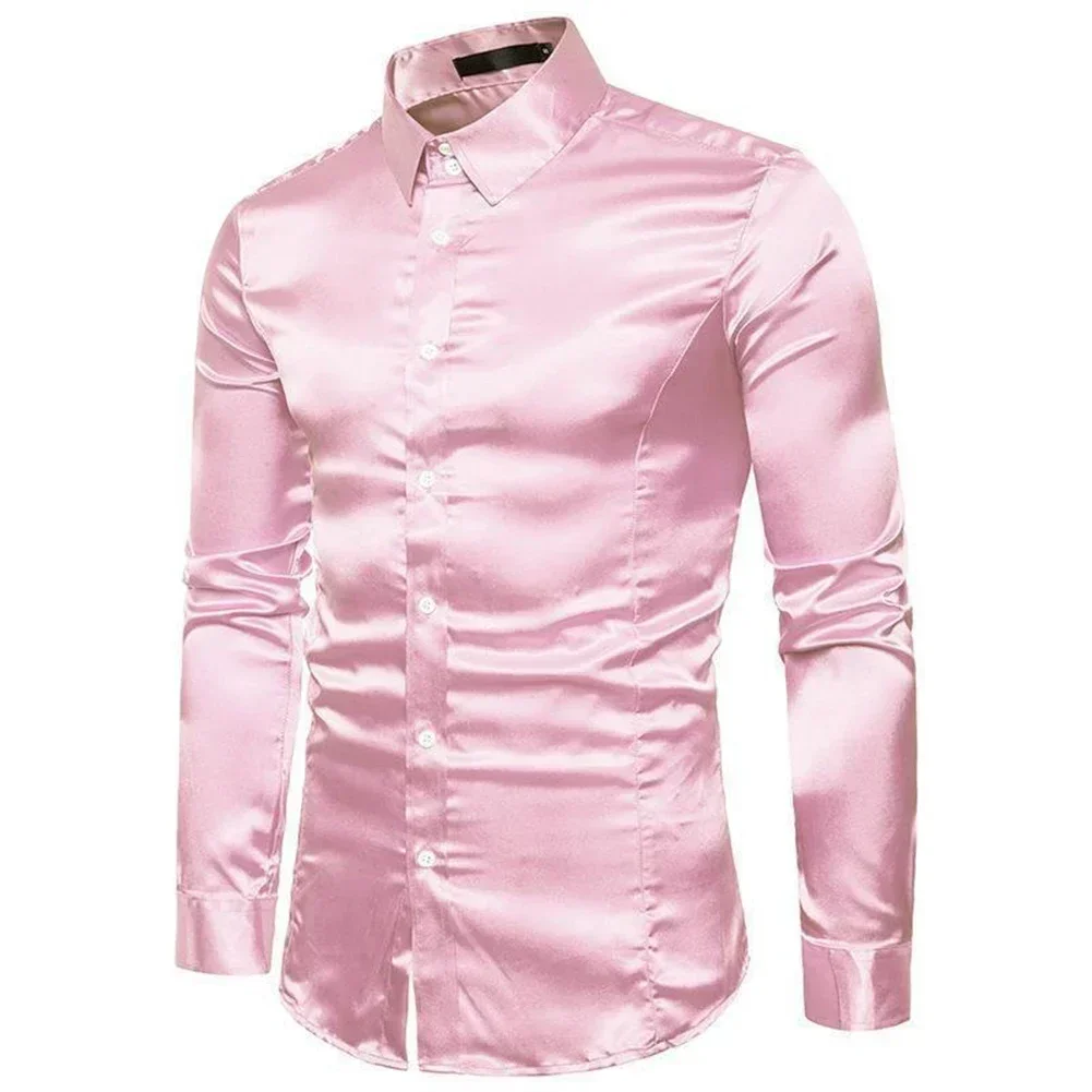 Luxury Men's Shirts And Blouses Satin Shiny Slim Solid Color Formal Business Long Sleeve Single Breasted Tops Shirt Clothing