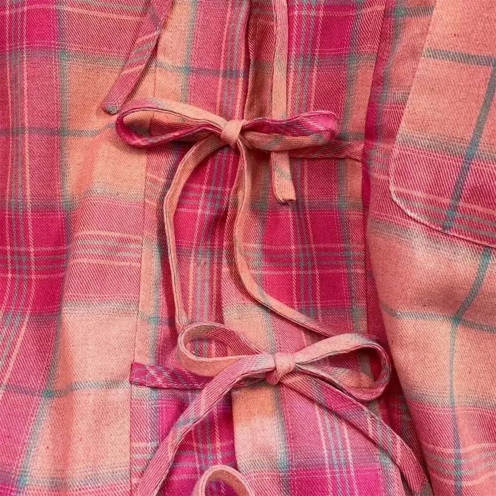 Y2K 아메리칸 빈티지 핑크 플래드 셔츠 여성 여름 패션 신상 라펠 넥 블라우스 루즈핏 긴팔 블라우스