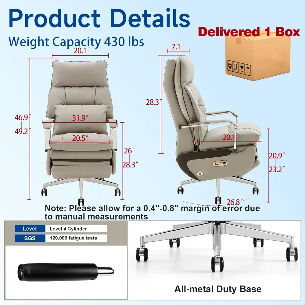 كرسي مكتب منزلي تنفيذي بمحرك مزدوج مع مسند للقدمين - استلقاء كهربائي بنقرة واحدة مع تدليك ووسادة تدعم 430 رطل كبير #3
