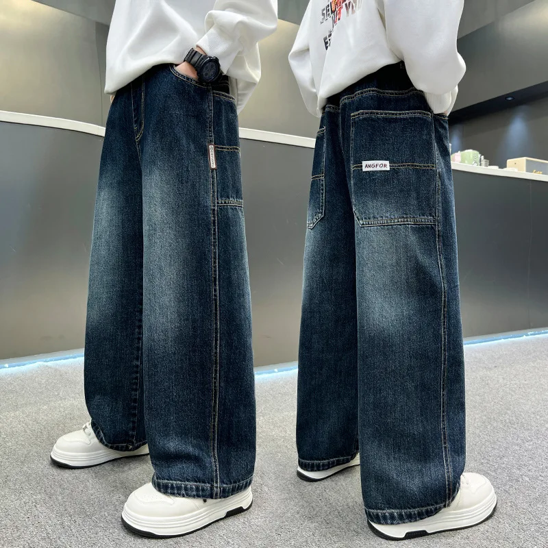 Classic Design Children Fashion Baggy Jeans for Teens Boy Casual Blue Straight-Leg Denim Pants Kids Casual Trousers Sweatpants