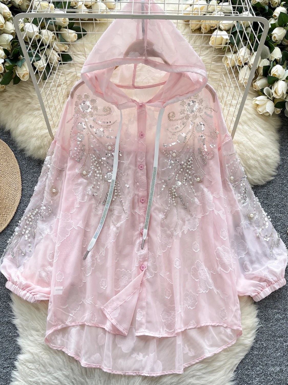 

Casual Summer Thin Outerwear Women's Faionable Heavy Embroidery Sequin Embroidery Me Hat Long Sve Jaet Korean Sle ...