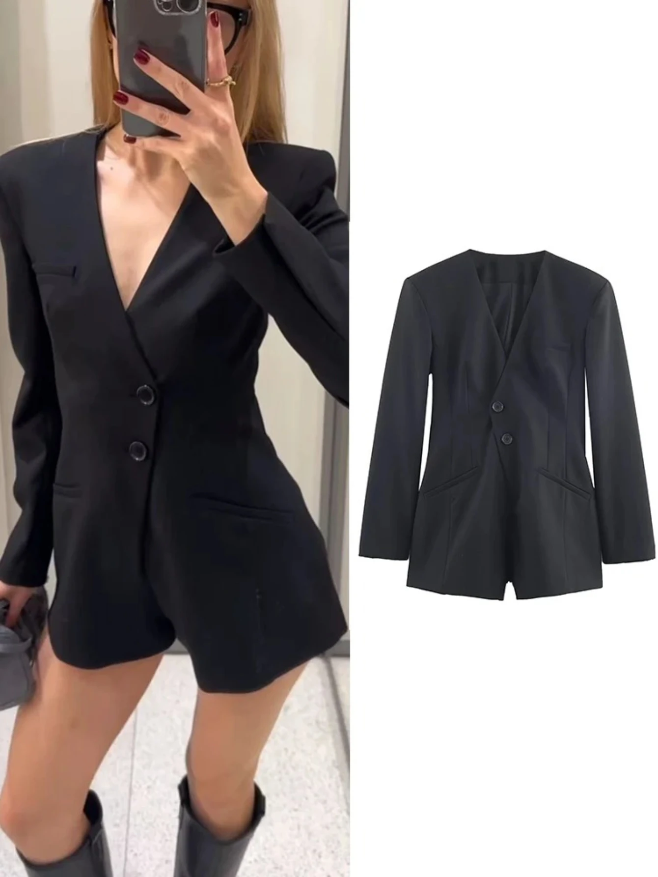 

Women Suit Jumpsuit Elegant Solid Blazer V-Neck Slim Long Sleeve Sexy Shorts Streetwear Female Black Rompers New