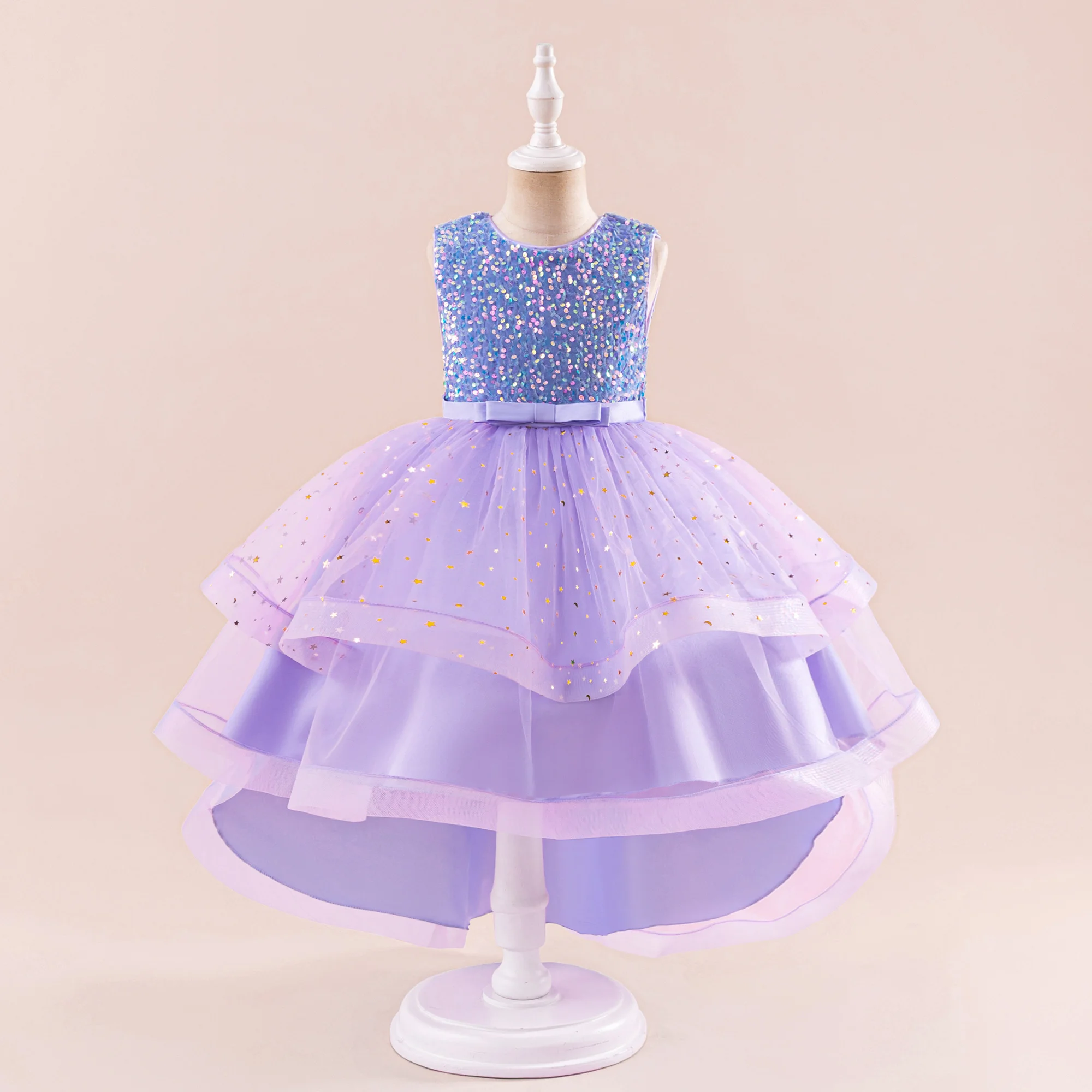 Girl Sequins Mesh Trailing Skirt Ball Gown Elegant Princess Wedding Childrens Birthday Fashion Party Piano Performance Costume