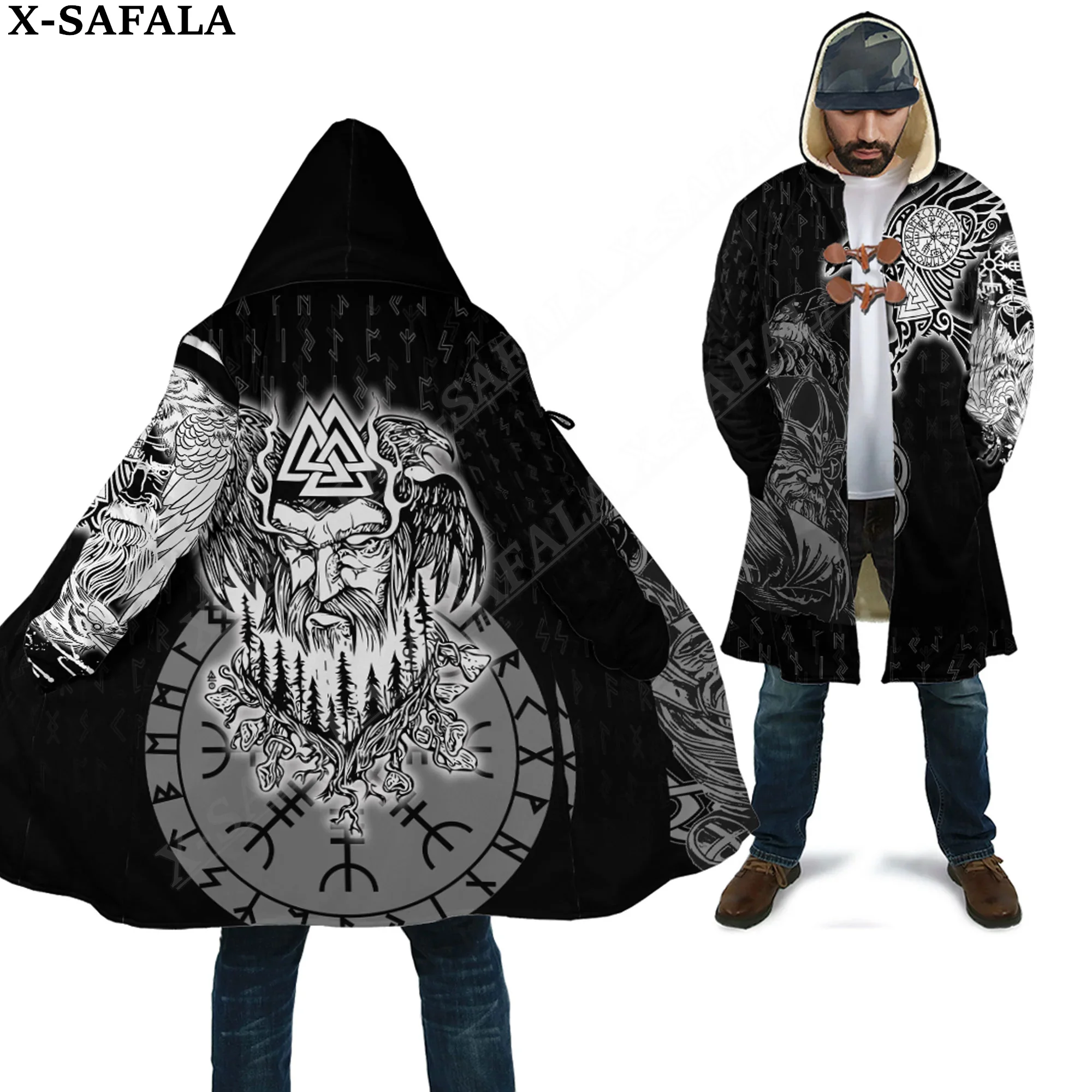 Odin Raven Viking Tattoo Symbol Overcoat Coat 3D Print Thick Warm Hooded Cloak  Men Windproof Fleece Unisex-1