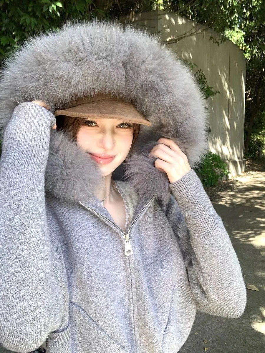 الأمريكية الرجعية مقنعين محبوك معطف طويل الأكمام المرأة ثقافة فرعية معطف خمر سستة فو الفراء سترة الخريف النساء Cloghing 2025