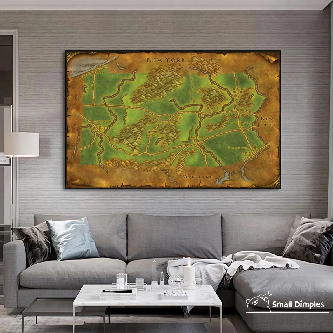 Map Of Pennsylvania - World Of Warcraft Style Map Game Poster Canvas Art Print Home Decoration Wall Painting ( No Frame )