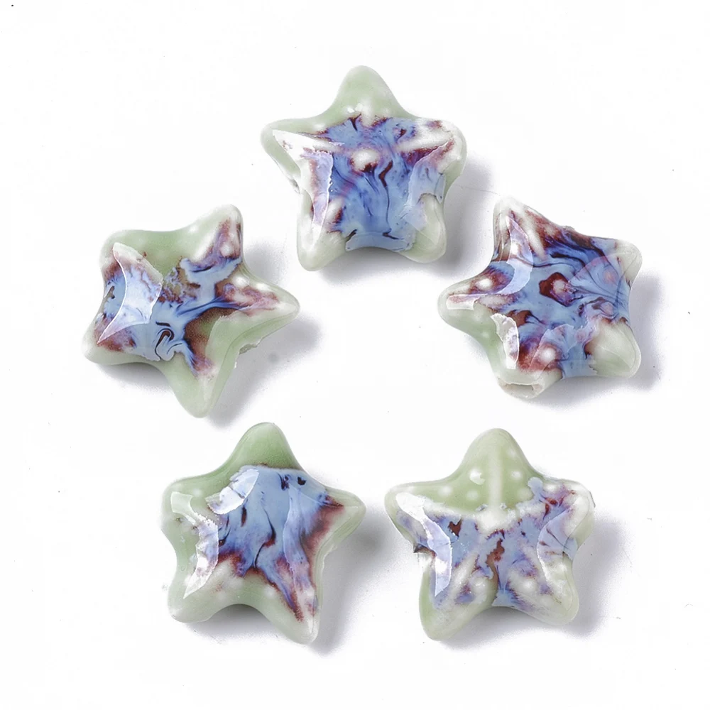 100Pcs Handmade Porcelain Beads, Fancy Antique Glazed Porcelain, Starfish/Sea Stars, Colorful, 19~20x20.5~22.5x7.5~8.5mm