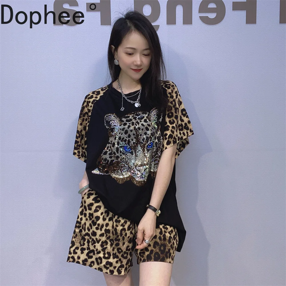 

Colorblock Leopard Stitching Short Sleeve T-shirt Hot Drilling Loose O-neck Pullover Top Elastic Waist Wide Leg Shorts Women Set