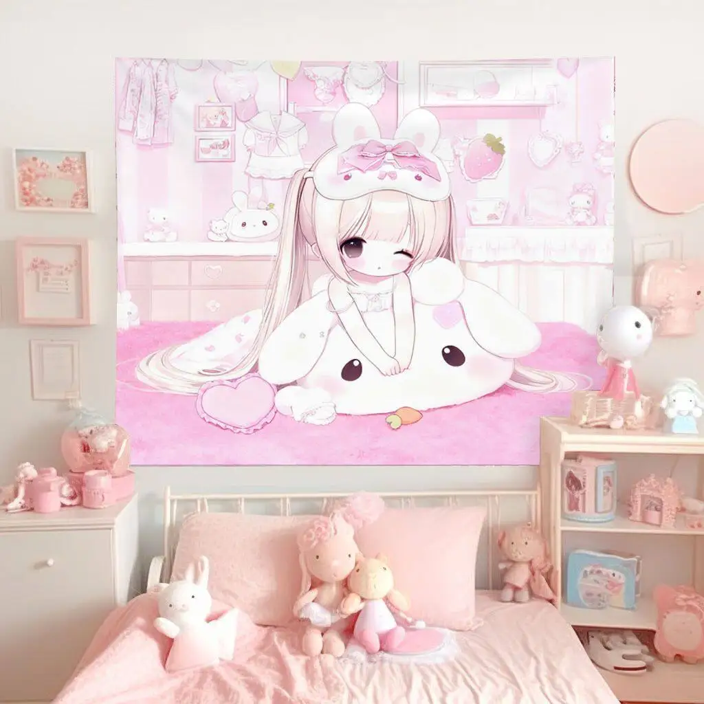 VIKAMA Japanese Style Soft Girl Tapestry Pink Toned Wall Hanging for Girls Bedroom