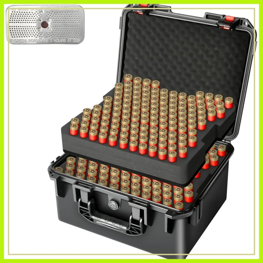 

260 Rounds Waterproof Shotgun Shell Case for 12GA 20GA 16GA 10GA 8GA, Lockable Hard Plastic Ammo Box with Dual-Layer Foam
