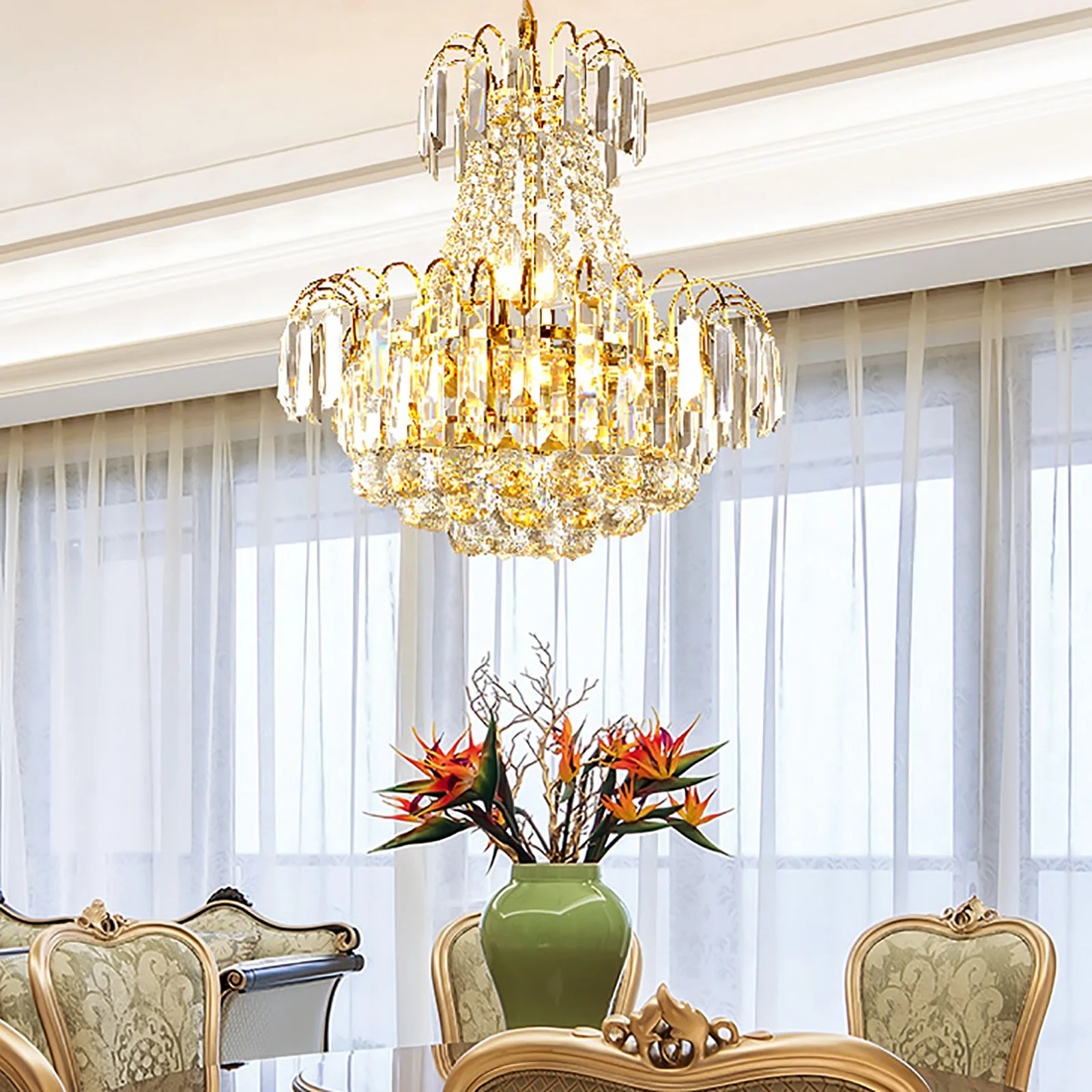 Modern clear crystal long chandelier for living room, lobby