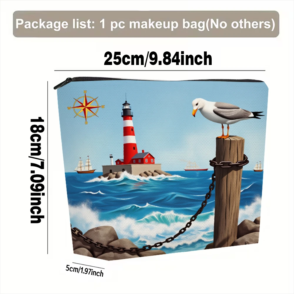 Lighthouse Seagull Ocean Waves Compass Makeup Bags for Girls Cosmetic Pouch Toiletry Bag Pencil Case Travel Storage