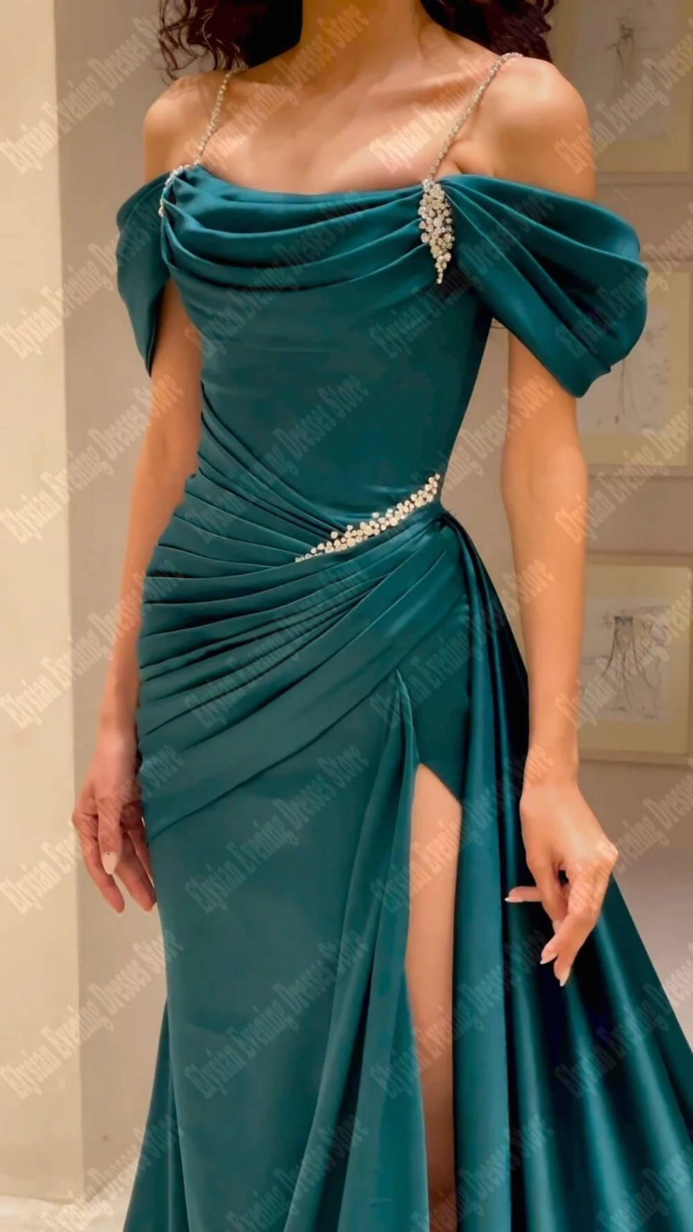 Vestidos De Noche elegantes para mujer, Vestidos De princesa formales De satén con abertura lateral y hombros descubiertos, Vestidos De Noche plisados