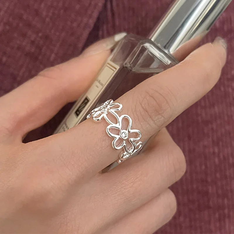 Foxanry Silver Color Hollow Flower Geometric Rings For Women Girls Simple Fashion Elegant Sweet Creative Wedding Bride Jewelry