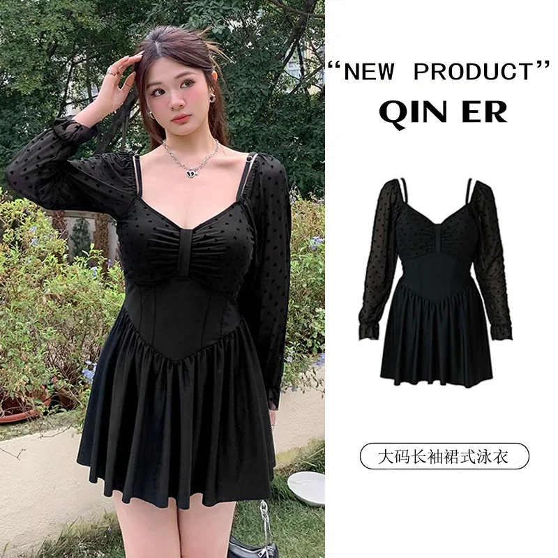 

Цельный купальник большого размера в корейском стиле Ins, сексуальный купальник с v-образным вырезом и длинными сетчатыми рукавами, черное пляжное платье, синий купальник, праздничный купальный костюм