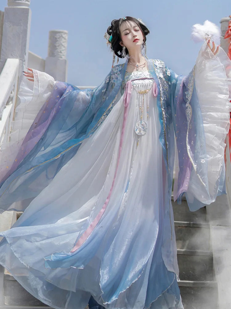 

Оригинальная женская новая летняя рубашка Hanfu с большими рукавами длиной до груди в стиле Тан, комплект с вышивкой на накидки и накидки
