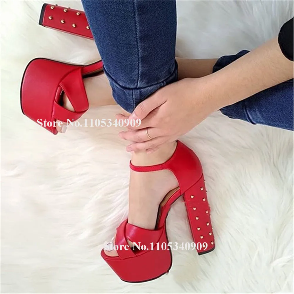 Sexy Red Matte Leather Rivets Decorated Chunky Heel Dance Shoes Open Toe Straps Cross High Platform Thick Heel Party Shoes