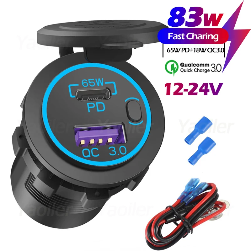 83W 12V Laptops USB C Outlet 65W PD3.0 Port & 18W QC3.0 Car USB Charger Socket w/ Power Switch for Car Marine Boat Motorcycle RV