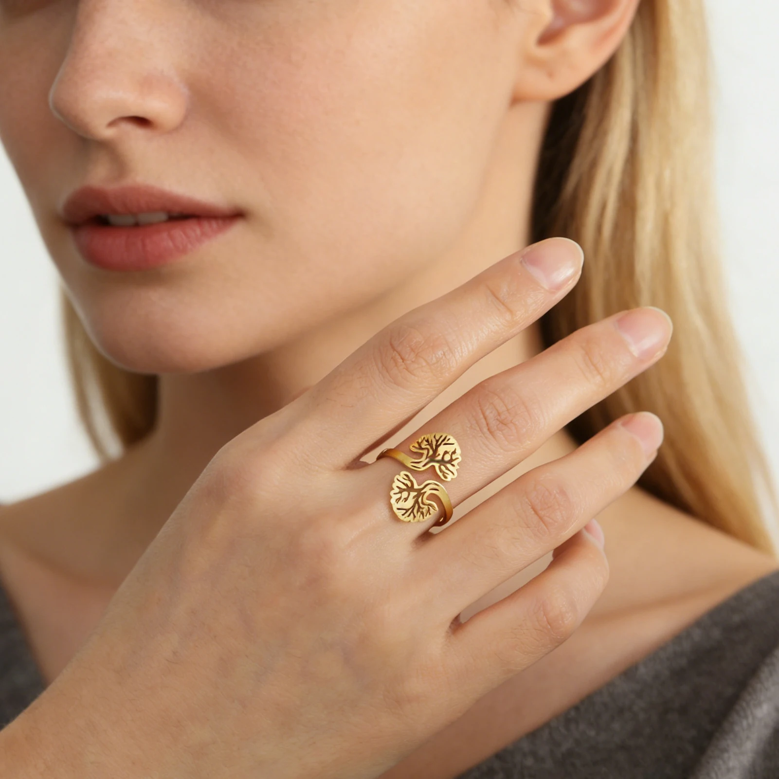 CoolTime Vintage Goldfarbene Damenringe Doppelter Lebensbaum Offener Ring Edelstahl Ausgehöhlter Spiritueller Schmuck Geschenk – Detail 12