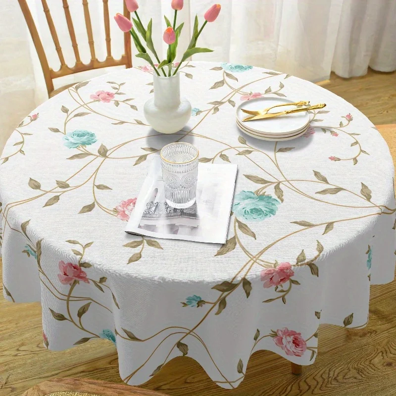 One Bohemian-style round tablecloth with a pink and blue floral pattern - round table cover fabric