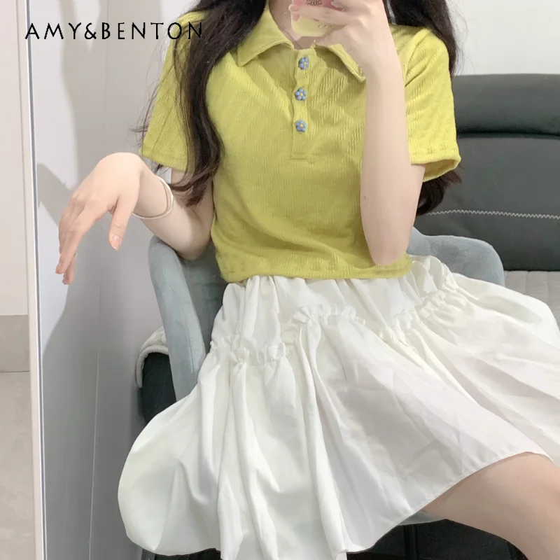 

2024 Casual Style New Summer Polo Collar Spice Girl Green Apricot Short Sleeves Slim Top High Waist Thin Cake Skirt Set For Girl