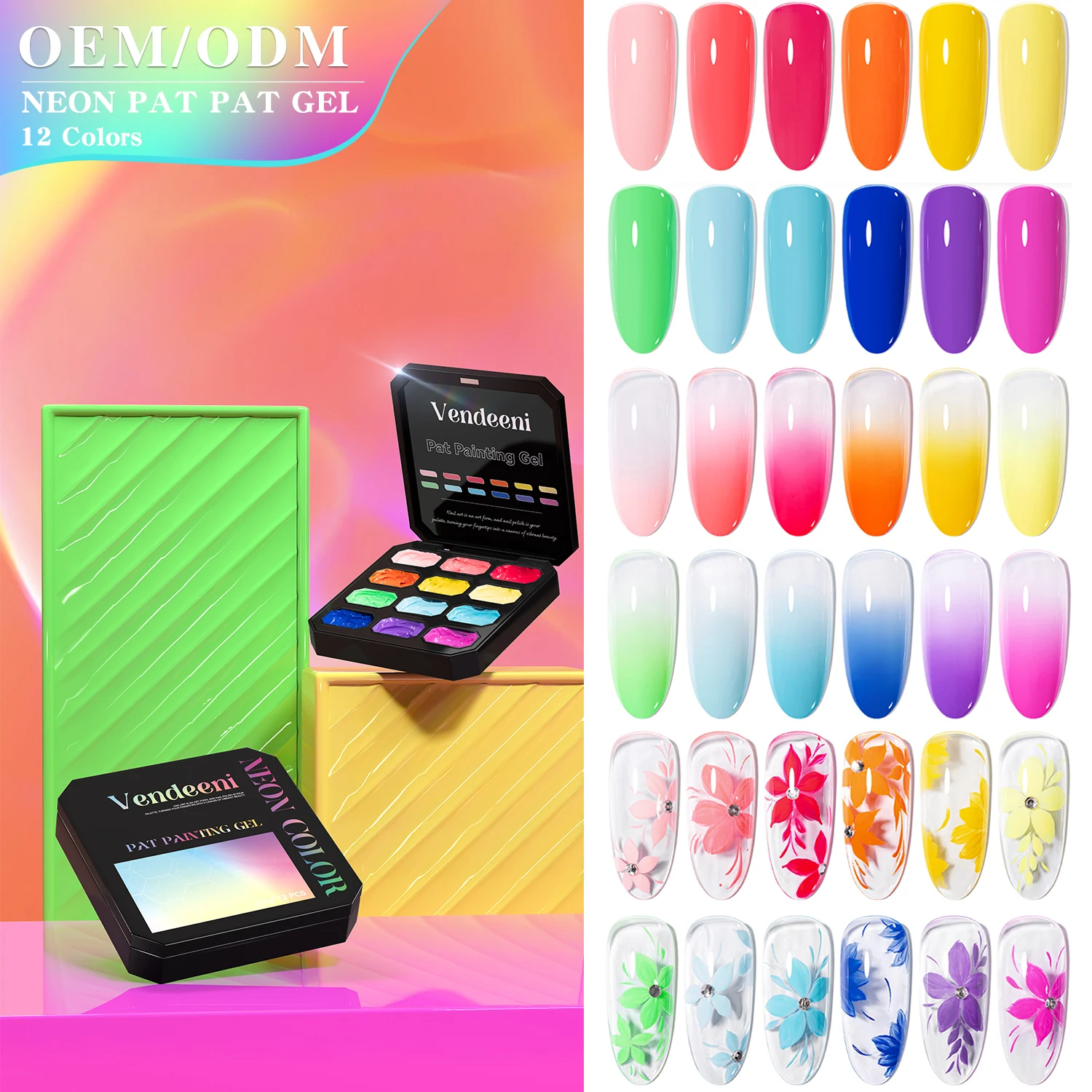 

Vendeeni Vendeeni 5 Effects Neon Pat Pat Ombre Gel Nail Polish Set Box Collection 12colors OEM Multiple Use Gel Polish Nail Art