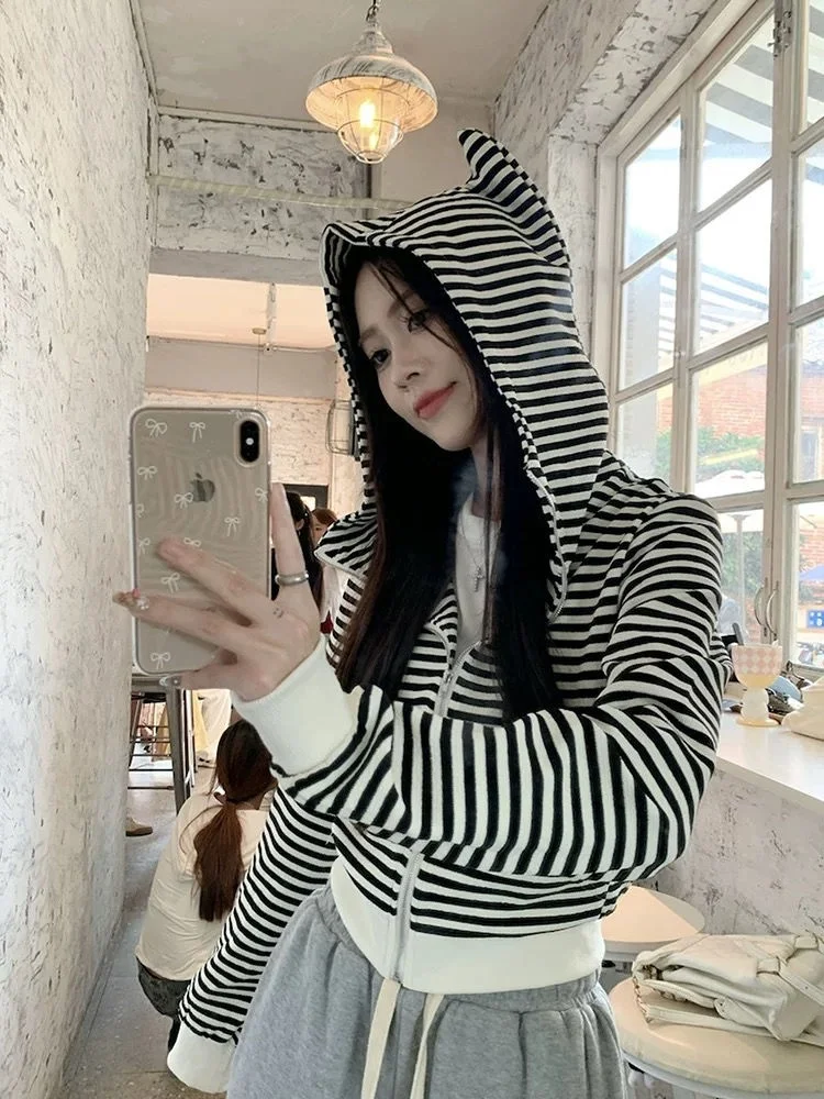 

Y2K retro Harajuku style spicy girl striped hooded cardigan sweatshirt autumn zipper trend thin women's tops millennium style