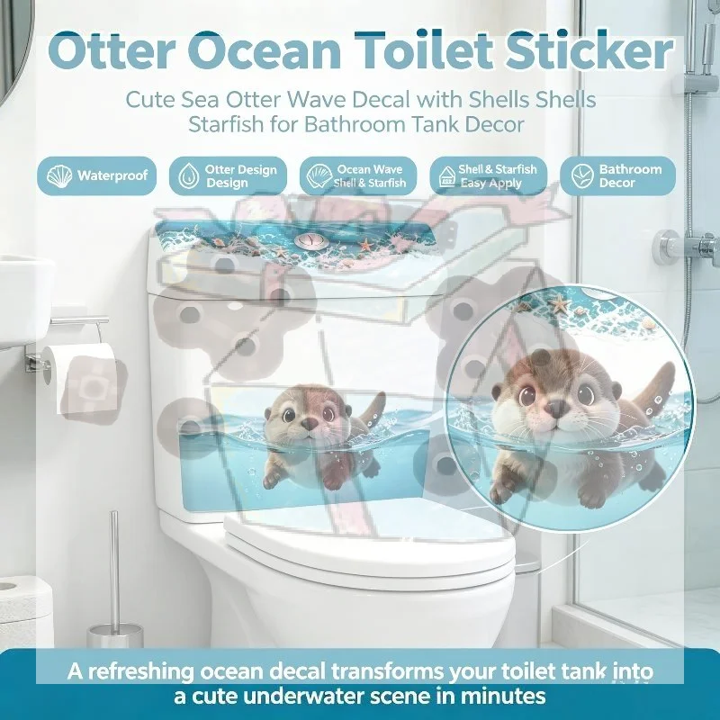 【CC】Cute Otter Toilet Tank Sticker Ocean Wave Vinyl Decal For Bathroom Adhesive Wall Art Home Decor Accessories
