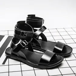 Fashion Men's Summer Leather Sandal Luxury Flat Black Sandals Men Designer Roman Shoes Casual Light Ankle Strap Sandals Man 2023