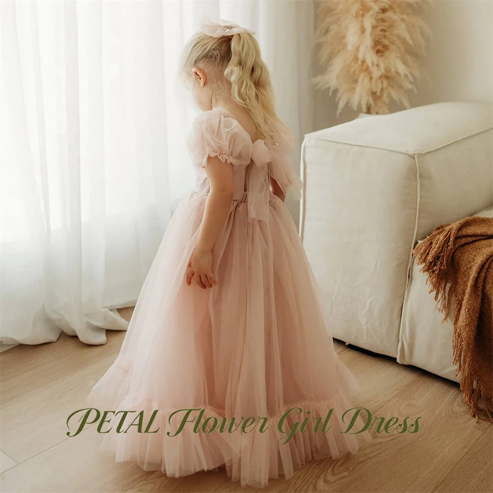 Petal Peach Pink Flower Girl Dress Square Neck Kids Birthday Party Dress Puffed Sleeve Fairy Children Birthday Wedding Dresses