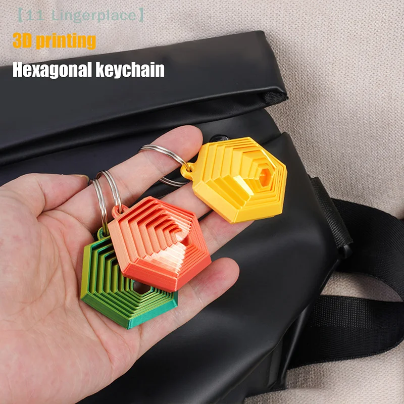 Couple Key Hook Gift For Friends New Creative 3D Printed Hexagon Keychain Can Push-pull-rotate Stress Relief Toy 【A】